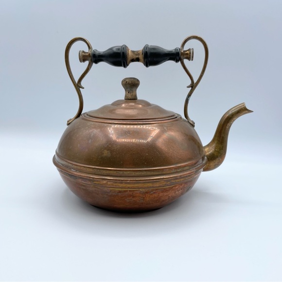 Vintage copper teapot wood handle rustic